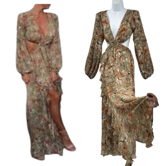 Cut-Out Chiffon Ruffle Trim PrintedWoven Maxi Dress - Picture 5 of 10
